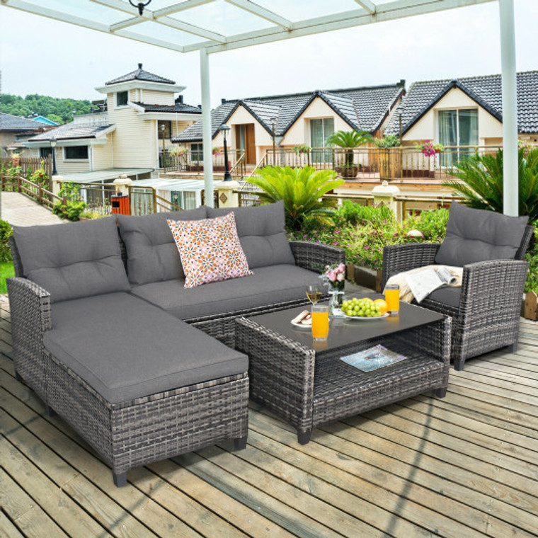 4 Pieces Patio Rattan Furniture Set With Cushion And Table Shelf-Gray HW67569GR+