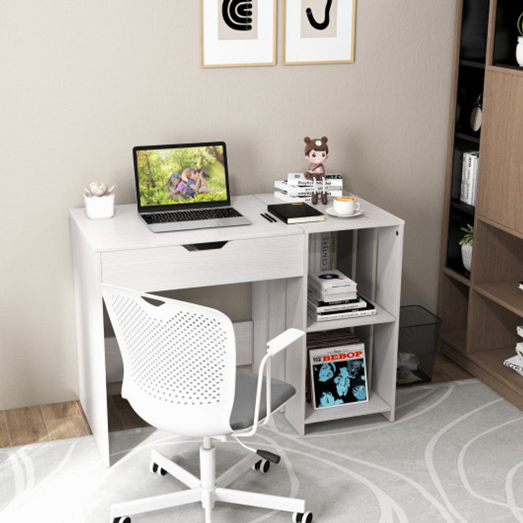 Lift Top Modern Computer Desk With 2 Hidden Compartments And 2 Open Storage Shelves-White JV10837WH