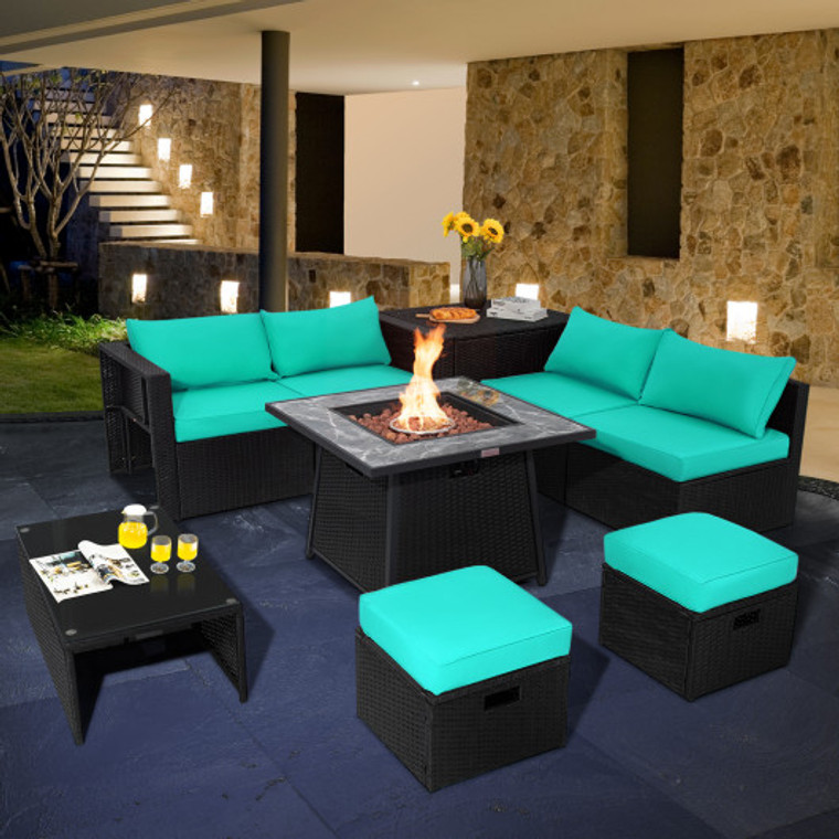 9 Pieces Outdoor Wicker Sectional With 35 Inch Gas Fire Pit Table-Turquoise NP10262DK+HW68605TU+