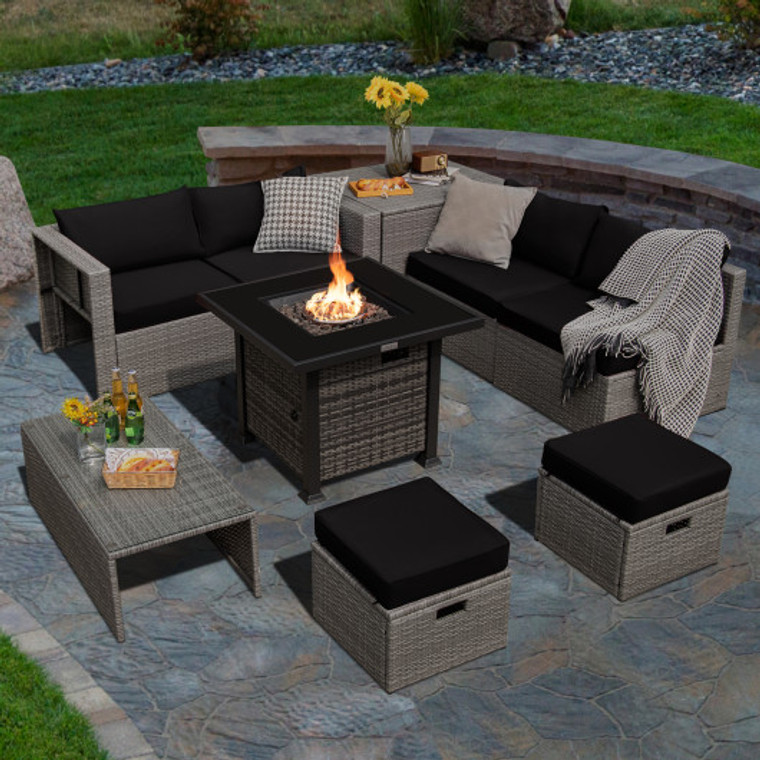 9 Pieces Outdoor Patio Furniture Set With 32-Inch Propane Fire Pit Table-Black NP10618GR+HW68604DK+
