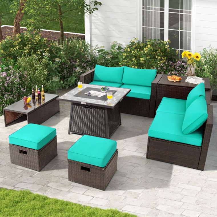9 Pieces Patio Pe Wicker Sectional Set With 50000 Btu Fire Pit Table-Turquoise NP10262DK+HW68592TU+