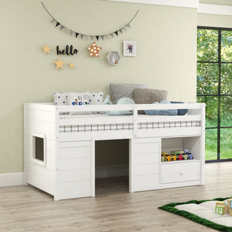 Twin Size Solid Wood Low Loft Bed With Storage And Drawer-White HU10393WH+