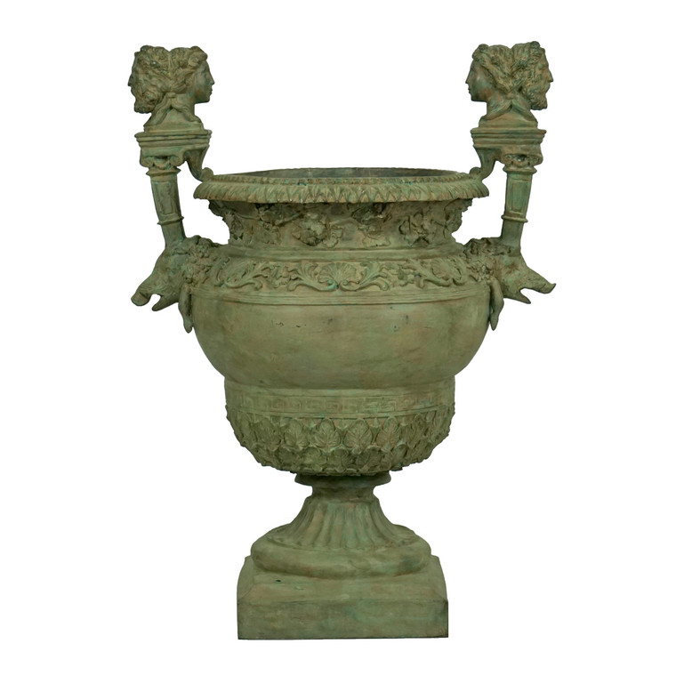 S-A1555G Vintage Large Bronze Urn With Faces Verdigris