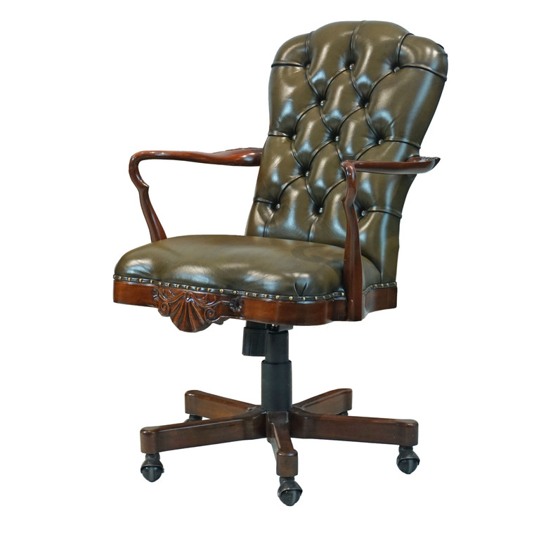 33966EM/GR Vintage Oxford Office Chair Mahogany With Green Leather