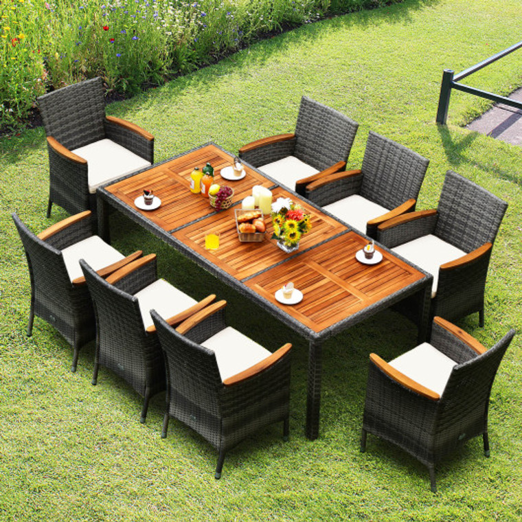 9 Pieces Rattan Patio Dining Set With Acacia Wood Table And Cushioned Chair HW68662C+