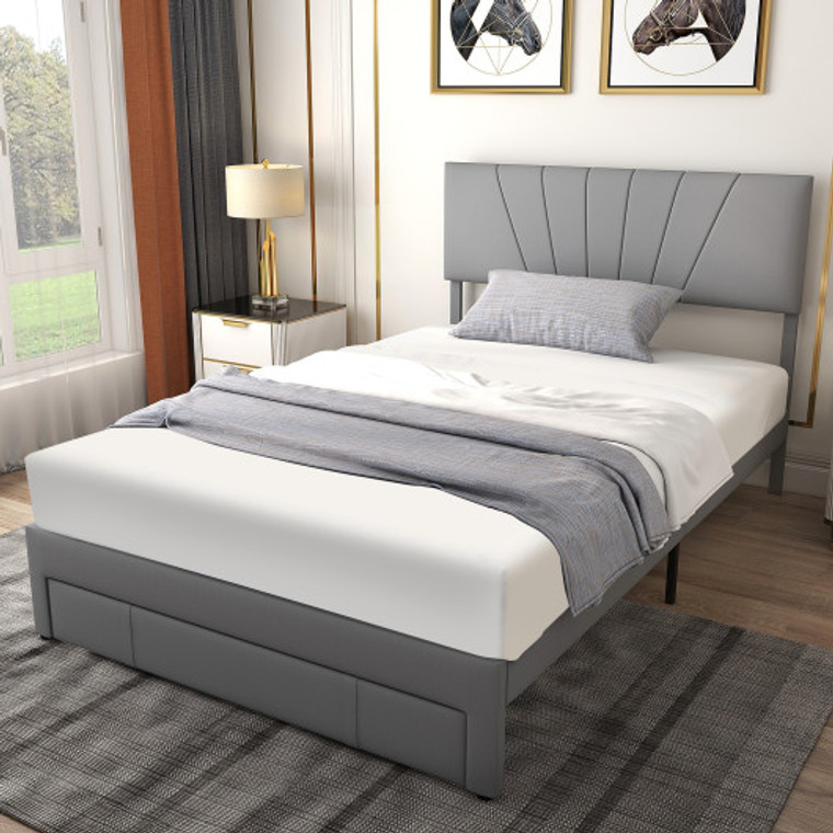 Full/Queen Size Upholstered Bed Frame With Drawer And Adjustable Headboard-Full Size HU10357GRF+