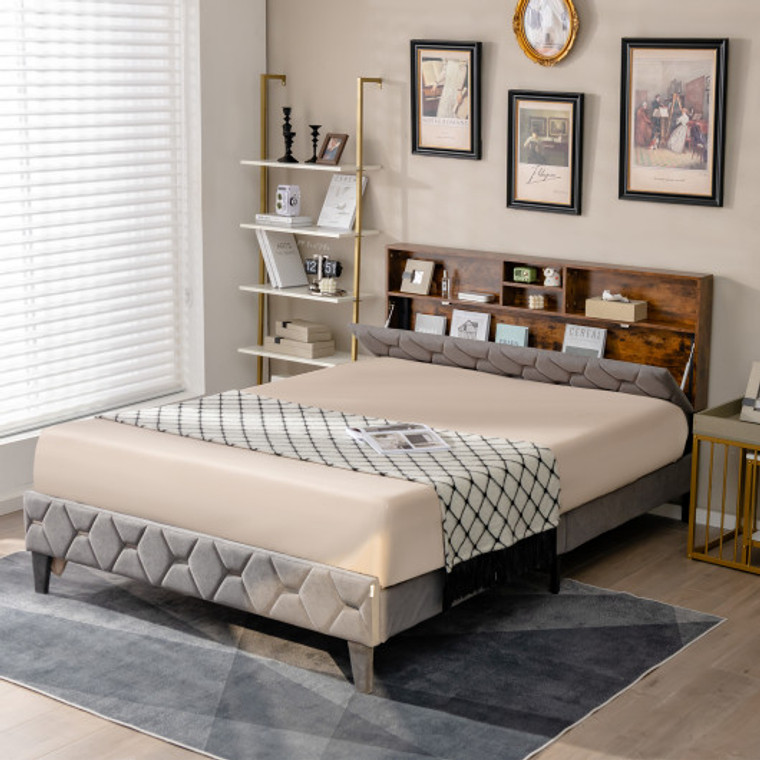 Full/Queen Size Upholstered Bed Frame With Storage Headboard-Full Size HU10345GR-F