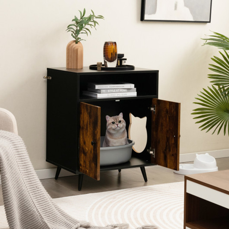 Industrial Cat Litter Box Enclosure With Entry And Open Compartment-Rustic Brown PV10077CF