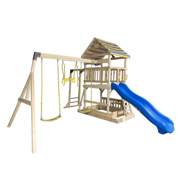 Wooden Swing Set With Large Upper Deck Slide And Steering Wheel TS10064+