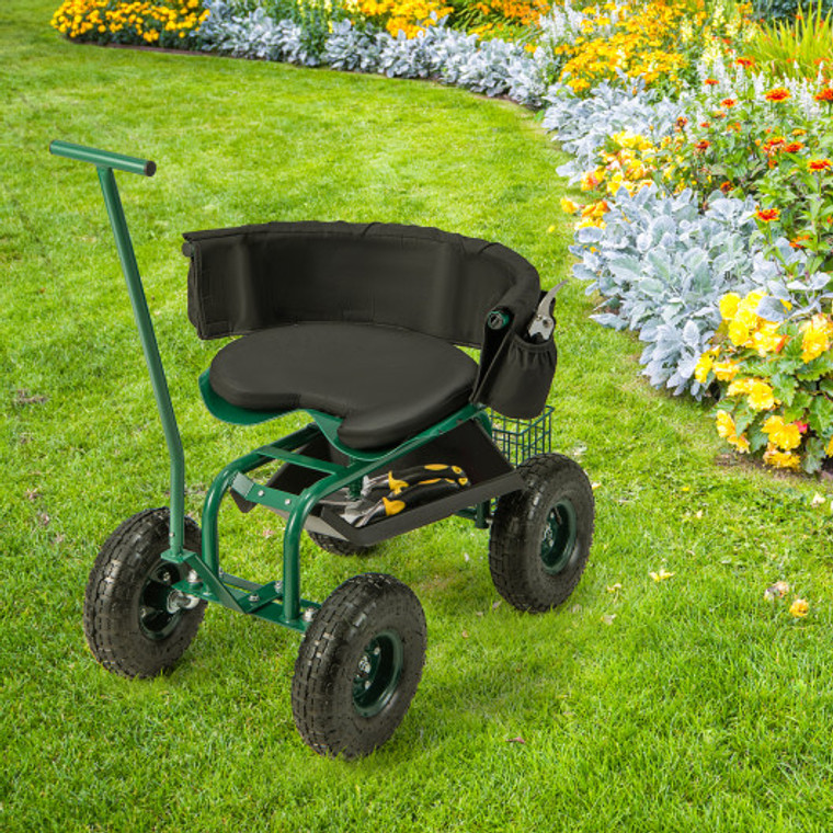 Rolling Garden Cart With Height Adjustable Swivel Seat And Storage Basket-Green GT4031GN