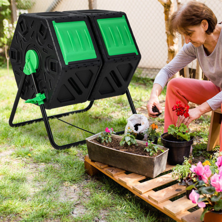 Dual Chamber Garden Compost Tumbler With Sliding Doors-Black & Green GT4053BK