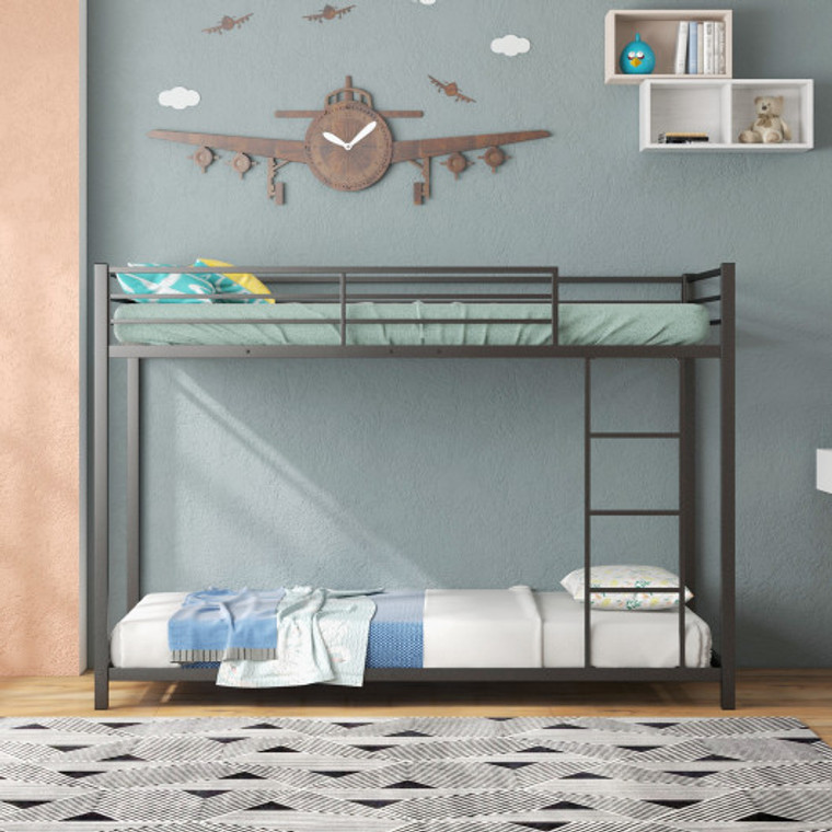 Low Profile Twin Over Twin Metal Bunk Bed With Full-Length Guardrails-Black HU10424DK