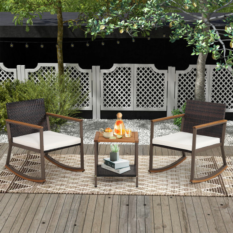 3 Pieces Rattan Rocking Bistro Set With Coffee Table And Cushions-Off White HW70901WH