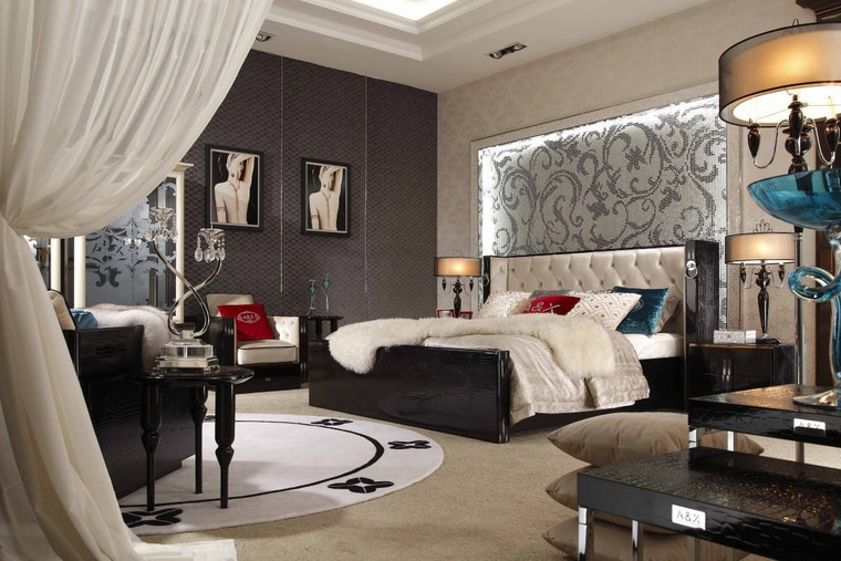 VIG Furniture VGUNRW206-180-EK Eastern King A&X Bellagio Luxurious Transitional Crocodile Lacquer Bed