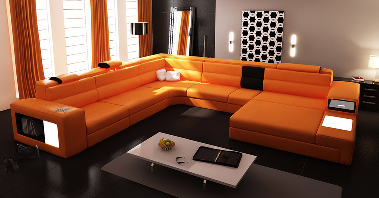 VIG Furniture VGEV5022-OR-BL Bonded Leather Polaris Orange Leather Sectional Sofa