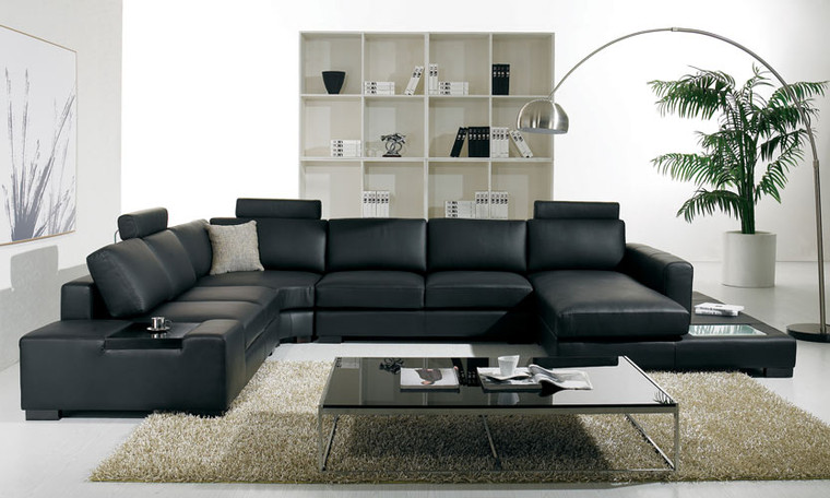VIG Furniture VGYI-T35-2-HL T35 - Modern Black Genuine Leather Sectional Sofa With Light