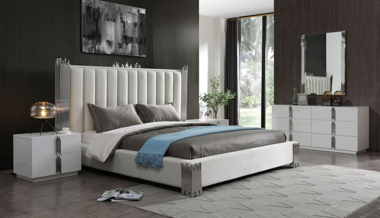 VIG Furniture VGVCBD815-SET-WHT-Q Queen Modrest Token - Modern White & Stainless Steel Bedroom Set