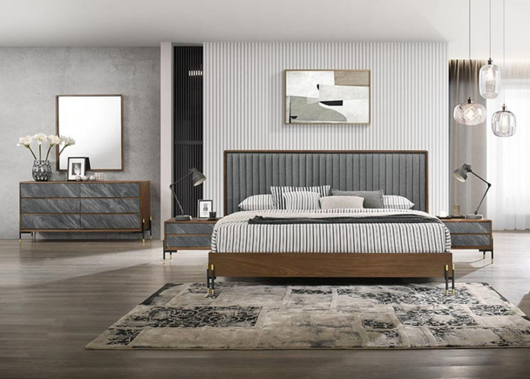 VIG Furniture VGMABR-120-WAL-BED-SET-Q Nova Domus Metcalf - Queen Mid-Century Walnut & Grey Bedroom Set