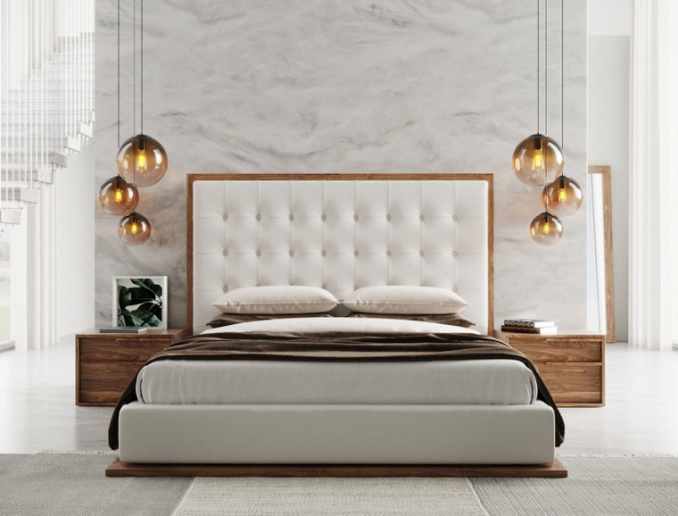 VIG Furniture VGMABR-96-WAL-BED-EK Modrest Amberlie - Eastern King White Vegan Leather & Walnut Bed