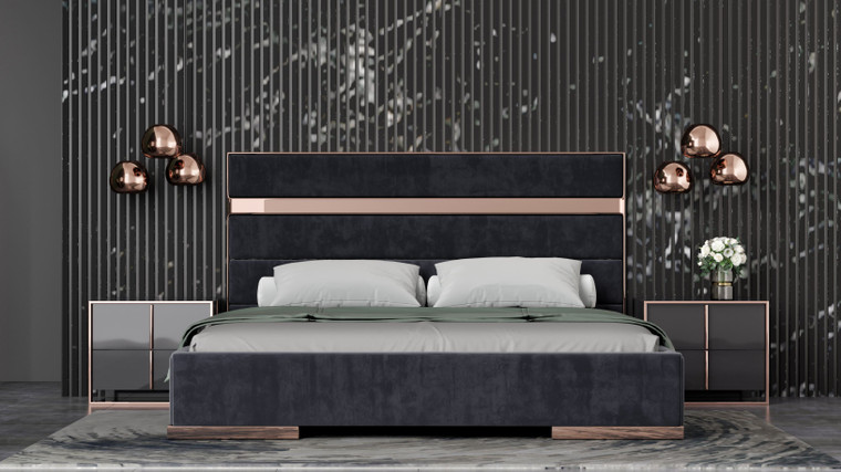 VIG Furniture VGVCBD-A002-BLK-BED-2NS-SET-Q Modrest Cartier - Queen Modern Black + Rose Gold Bed + Nightstands