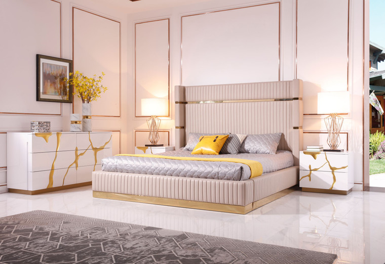 VIG Furniture VGVCBD1901-BEI-BED-2NS-SET-EK Modrest Sterling - Eastern King Modern Beige + Rose Gold Bed + Nightstands