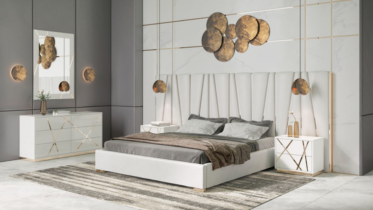 VIG Furniture VGVCBD1909-BLK-BED-2NS-SET-CK Modrest Nixa - California King Modern White + Gold Bed + Nightstands