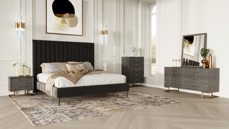 VIG Furniture VGKKB606-GRY-H-SET-EK Modrest Hemlock Howard- Modern Dark Grey Velvet And Shagreen Grey Ek Bedroom Set