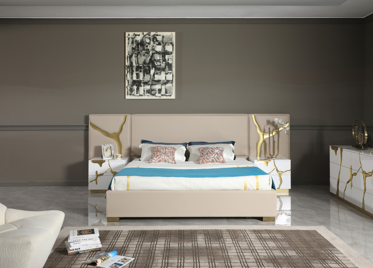 VIG Furniture VGVC-BD1801-BG-BED-EK Modrest Aspen - Glam Beige Bonded Leather & Gold Ek Bed