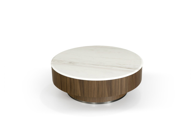 VIG Furniture VGHB-400E-W Nova Domus Hilton- Modern Walnut And White Marble Round Coffee Table