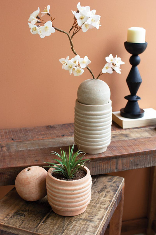 Set Of Two Ribbed Clay Vases With Bud Vase Spheres H4446 By Kalalou