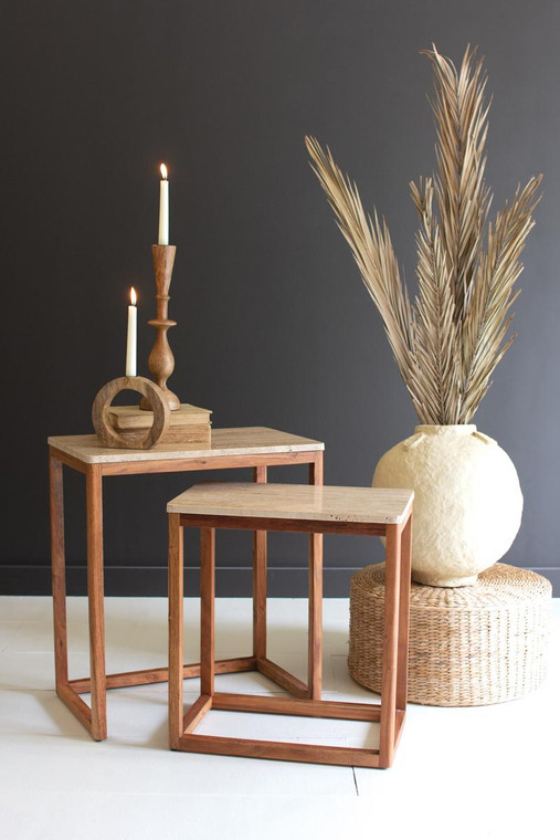 Set Of 2 Nesting Travertine Side Tables With Acacia Wood Bases NAAR1000 By Kalalou