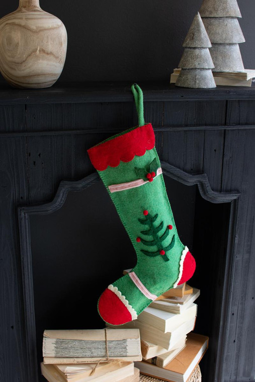 Felt Christmas Stocking - Red And Green With Two Trees NKF1092 By Kalalou