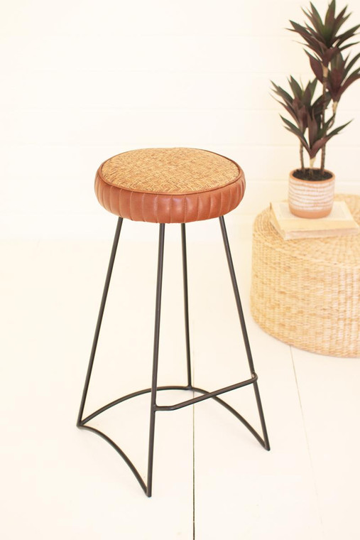 Iron Bar Stool With Leather And Woven Cane NKHU1103 By Kalalou