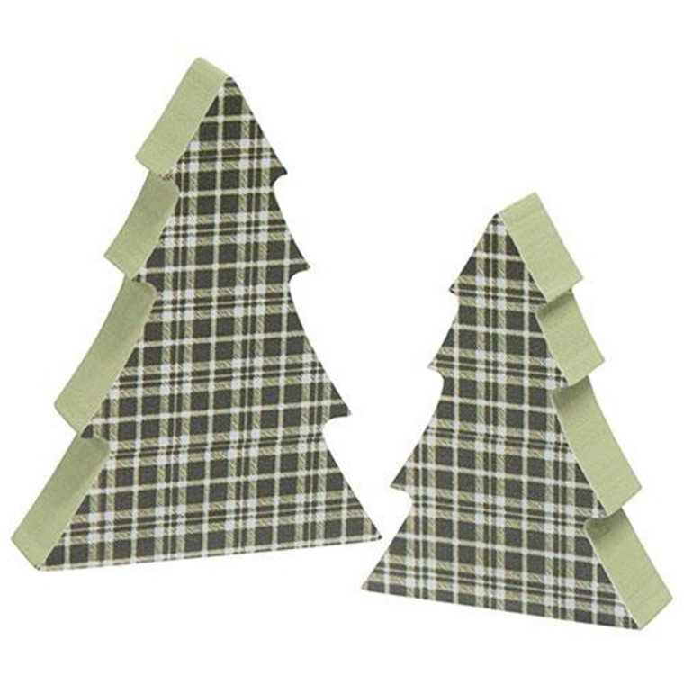 2/Set Green Plaid Chunky Trees G36461 By CWI Gifts