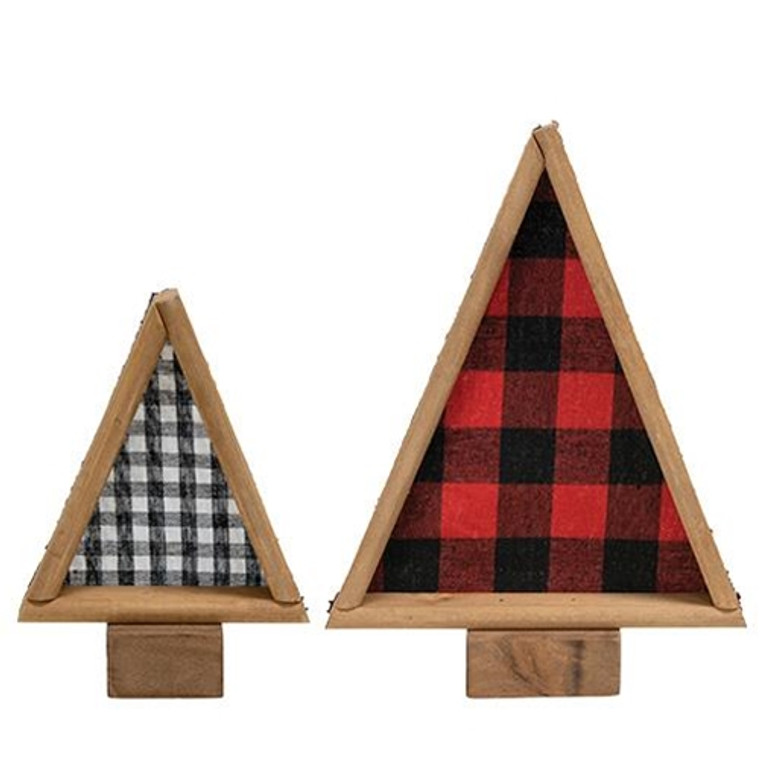 Set Of 2 Buffalo Check Felt & Wood Trees G36671 By CWI Gifts