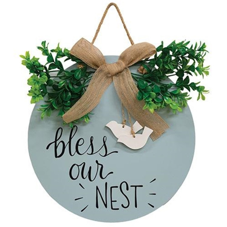 *Bless Our Nest Round Sign W/Greenery & Burlap Bow G36945 By CWI Gifts