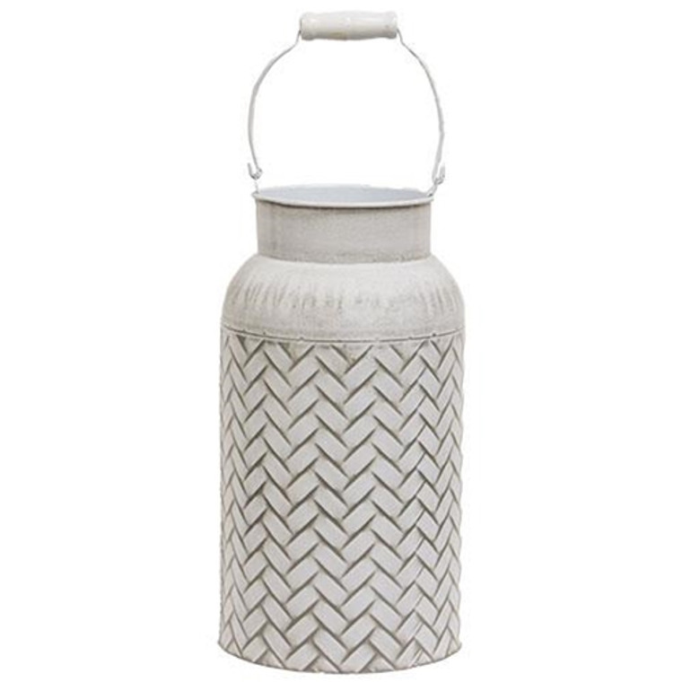 Distressed White Metal Basket Weave Milk Can GH21A75205 By CWI Gifts