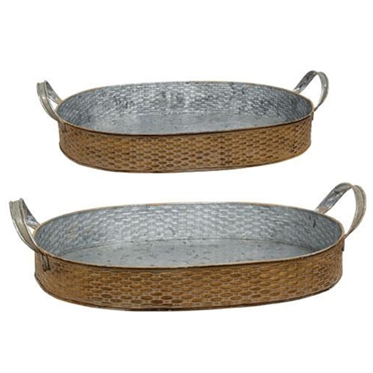 2/Set Basket Weave Embossed Metal Oval Trays GH21S5004 By CWI Gifts