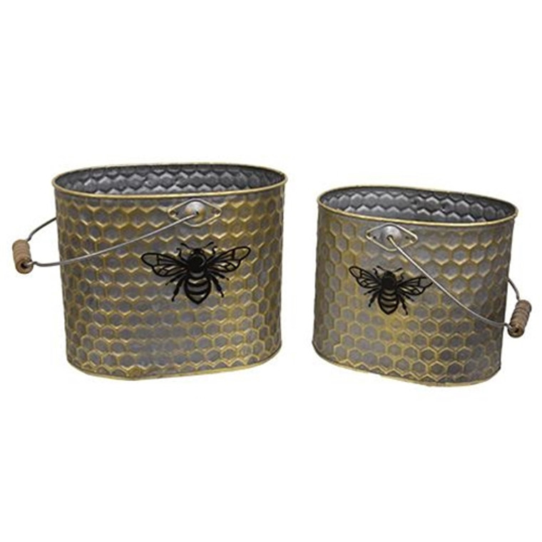 2/Set Metal Oval Honeycomb Bee Buckets W/Handles GMAF246622S By CWI Gifts