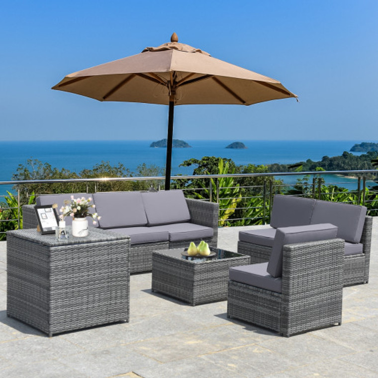 8 Pieces Wicker Sofa Rattan Dining Set Patio Furniture With Storage Table-Gray HW65782GRC+