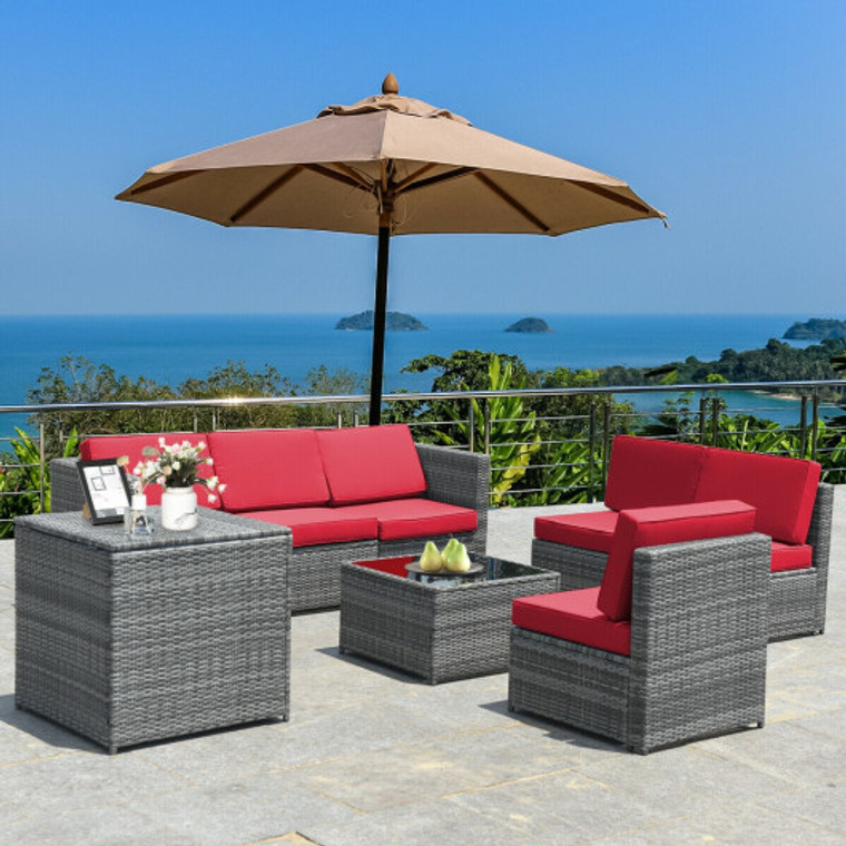 8 Piece Wicker Sofa Rattan Dinning Set Patio Furniture With Storage Table-Red HW65782BRE+