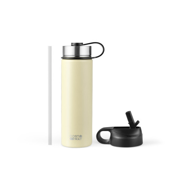22 Oz Double-Walled Insulated Stainless Steel Water Bottle With 2 Lids And Straw-Beige KC55427BE-9