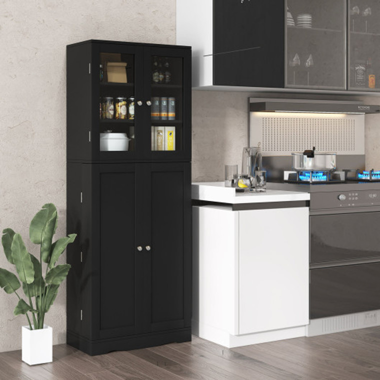 Tall Kitchen Pantry Cabinet With Dual Tempered Glass Doors And Shelves-Black KC55529DK