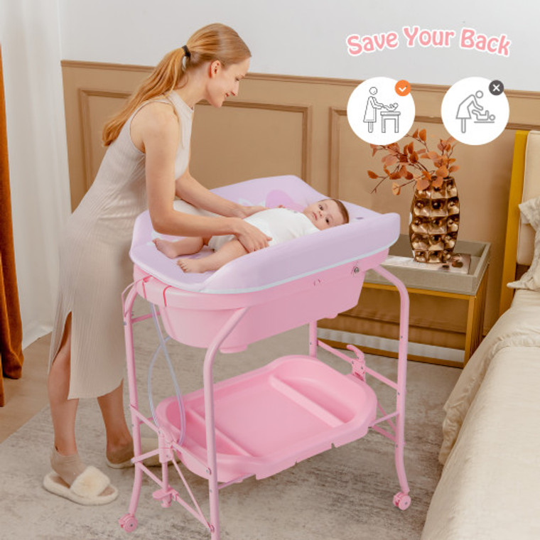 Folding Baby Changing Table With Bathtub And 4 Universal Wheels-Pink AC10011US-PI