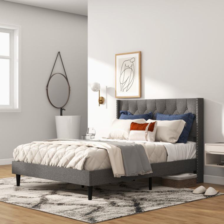 Full/Queen Size Upholstered Platform Bed With Button Tufted Headboard-Full Size HU10386GR-F