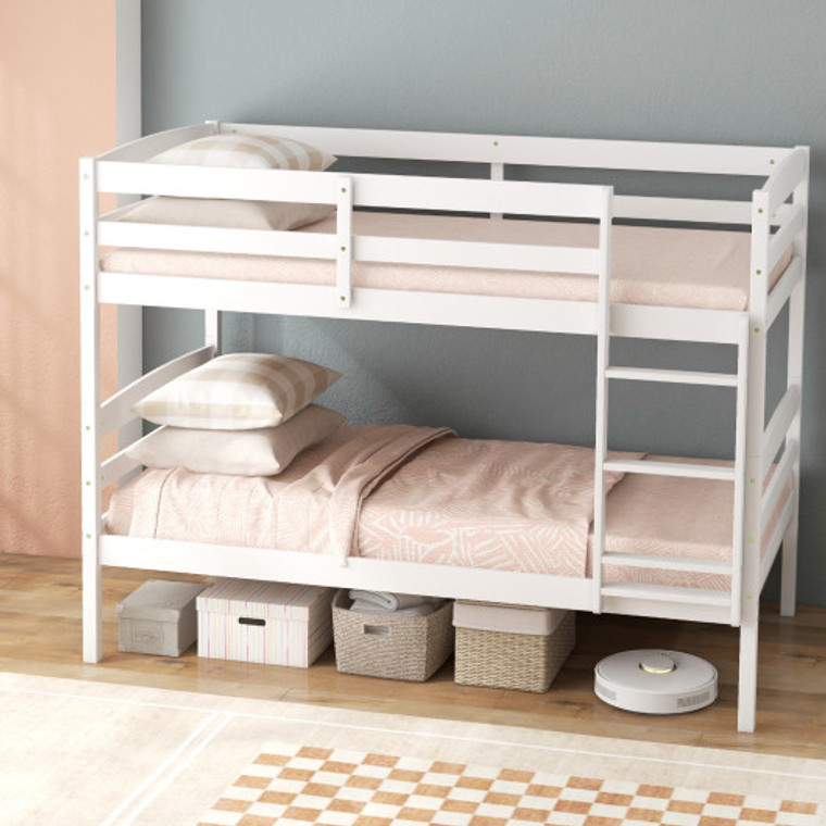 Solid Wood Twin Over Twin Bunk Bed Frame With High Guardrails And Integrated Ladder-White HU10487WH-T