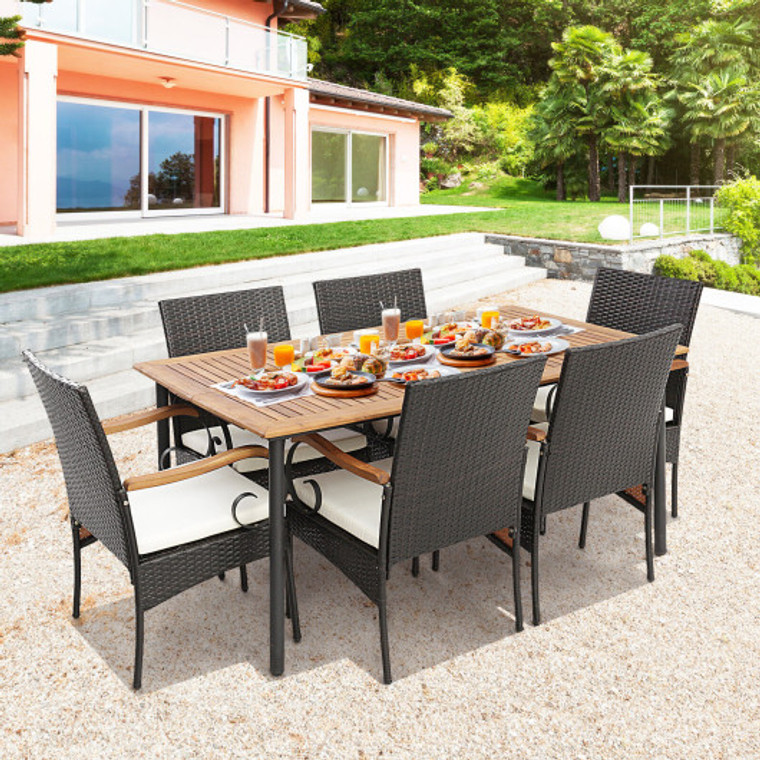 7 Pieces Patio Wicker Dining Set With Detachable Cushion And Umbrella Hole HW70833-2+HW70833-4+KC55629