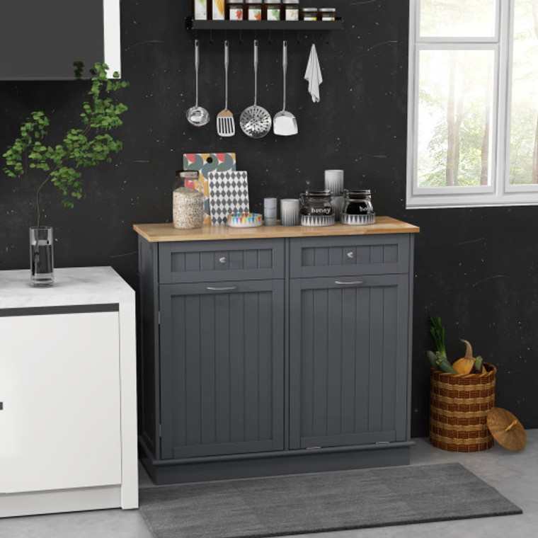 Rubber Wood Kitchen Trash Cabinet With Single Trash Can Holder And Adjustable Shelf-Gray KC54756GR