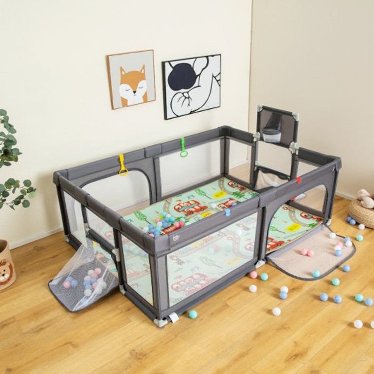 Large Baby Playpen With Mat And Ocean Balls-Dark Gray BB5863GR