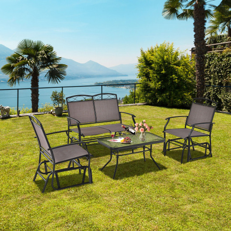4 Piece Patio Glider Conversation Set With Tempered Glass Table Top-Brown NP10952BN-1+NP10952BN-A